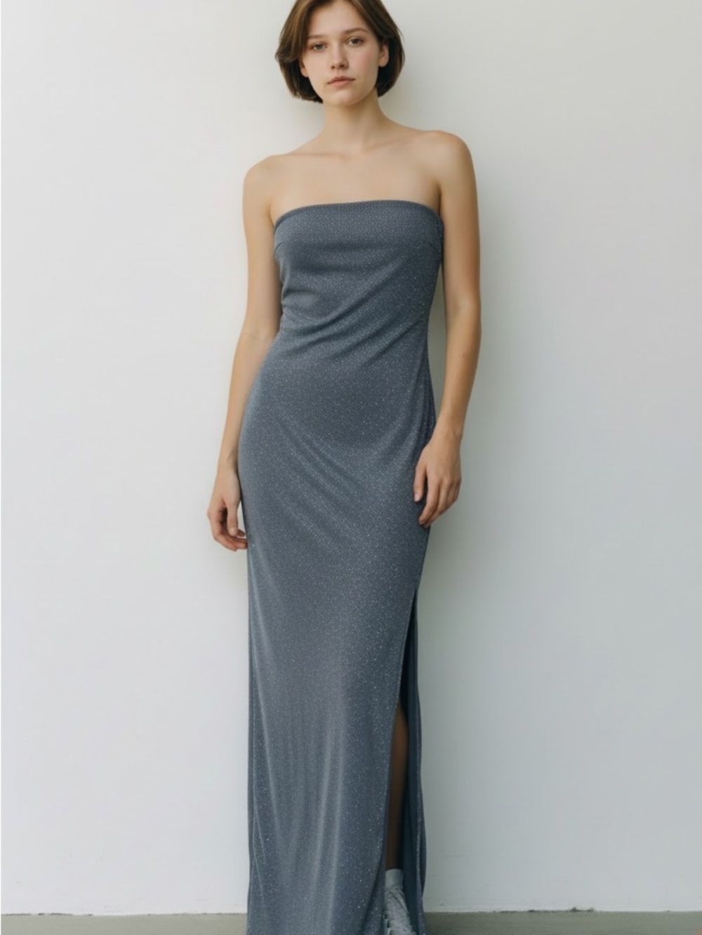 Lovely Day Strapless Sparkle Maxi Dress in Slate Gray
